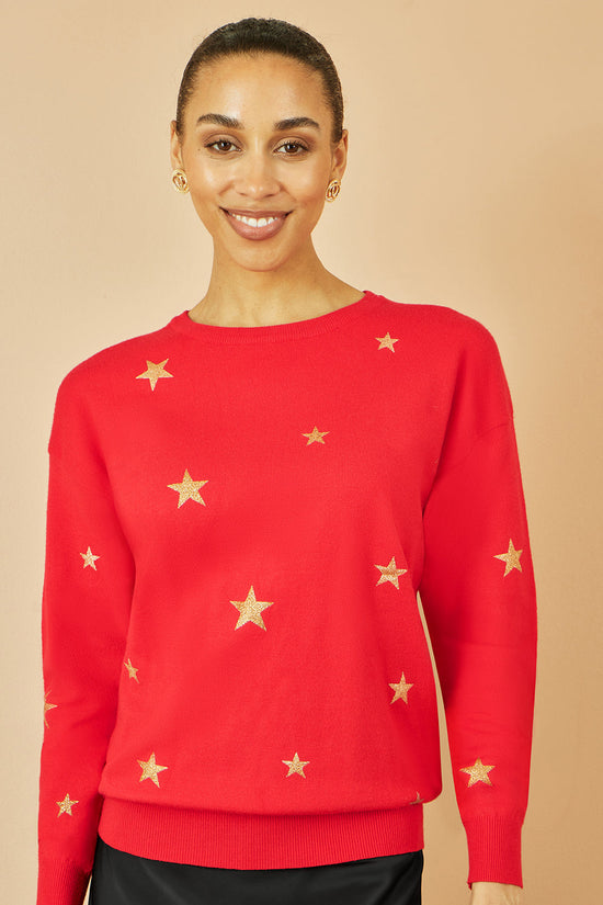 Yumi Red Gold Foil Star Print Relaxed Fit Jumper - QHA UK