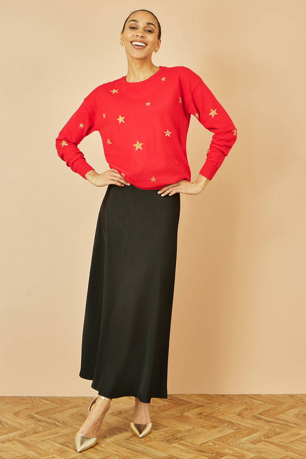 Yumi Red Gold Foil Star Print Relaxed Fit Jumper - QHA UK