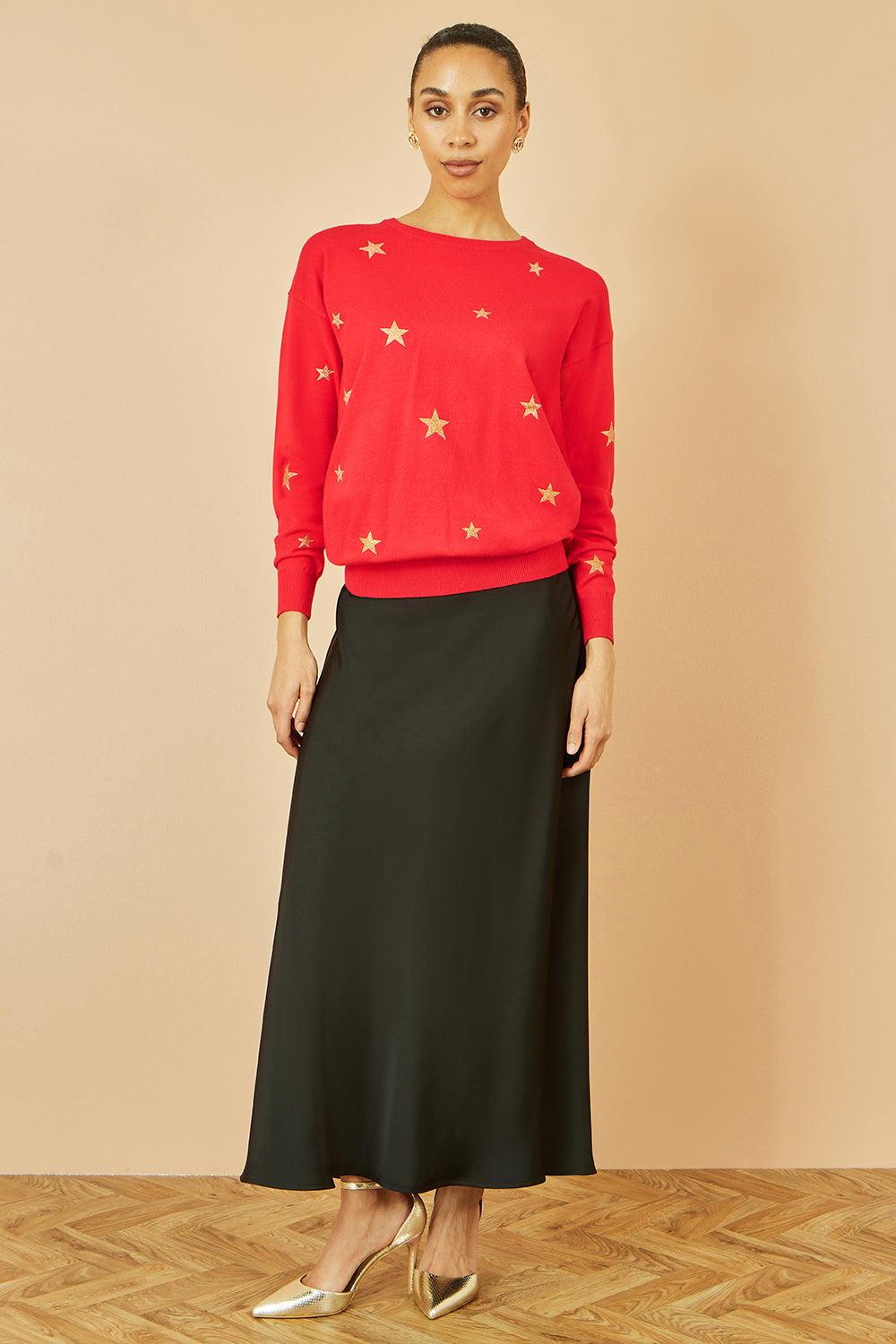 Yumi Red Gold Foil Star Print Relaxed Fit Jumper - QHA UK
