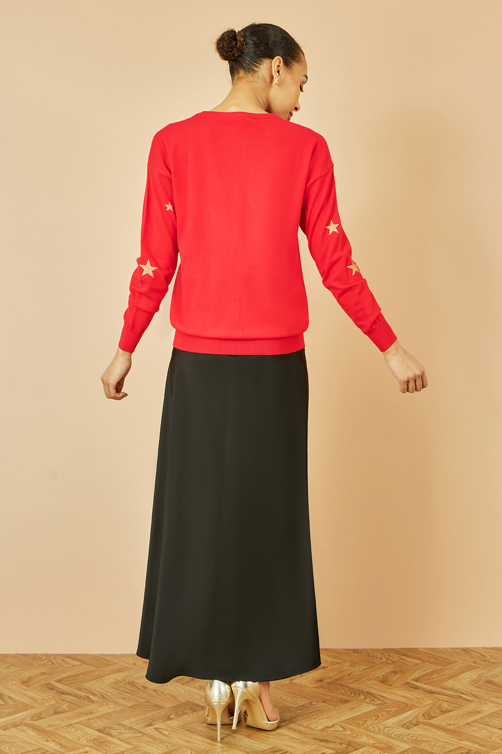 Yumi Red Gold Foil Star Print Relaxed Fit Jumper - QHA UK