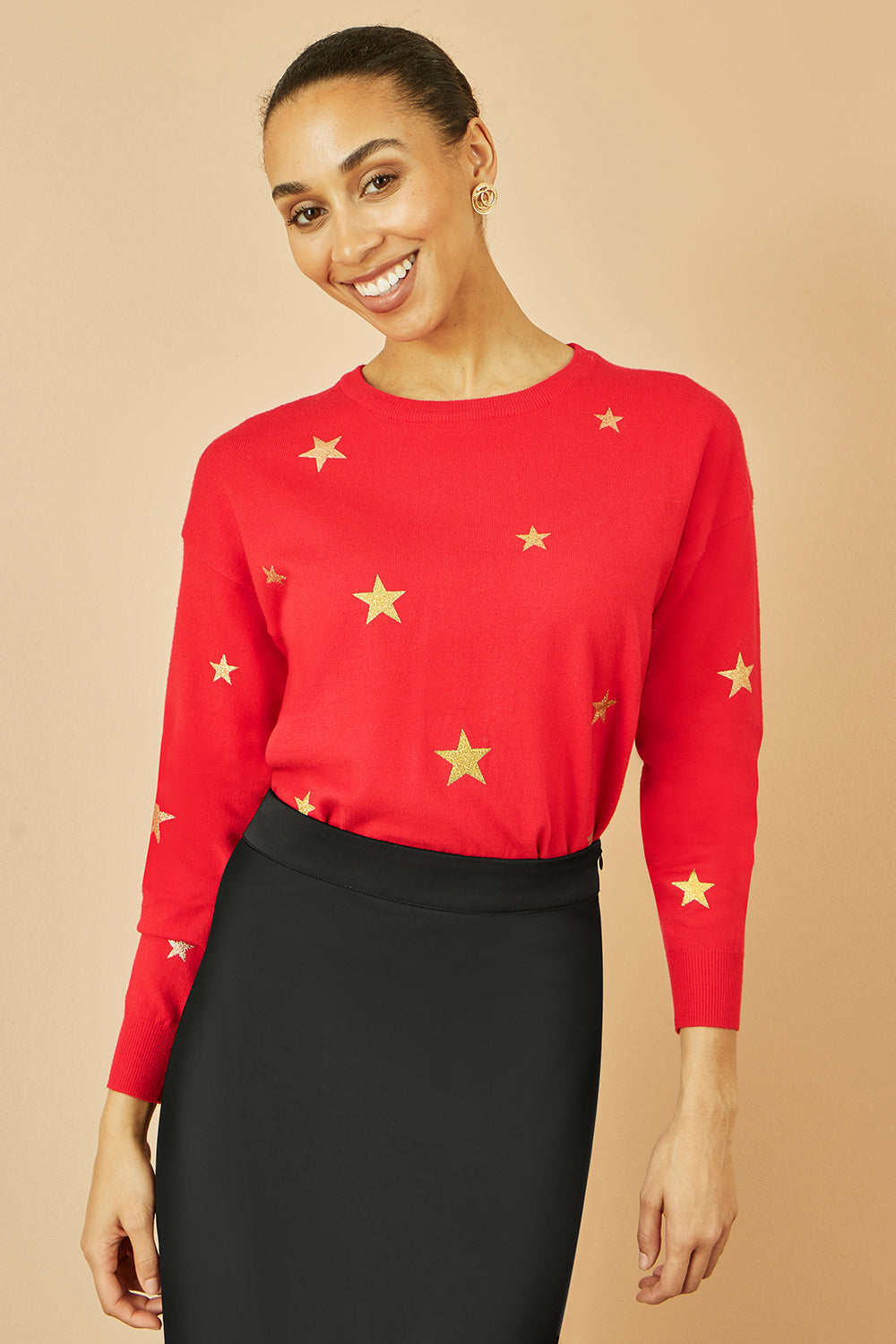 Yumi Red Gold Foil Star Print Relaxed Fit Jumper - QHA UK
