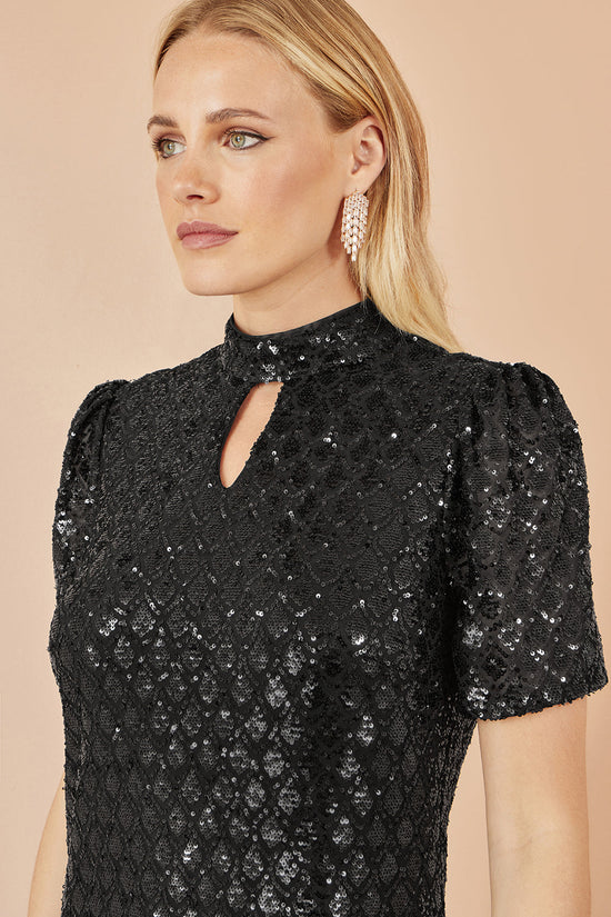 Yumi Black Sequin Tunic Dress with Chevron Pattern & Keyhole Neckline - QHA UK
