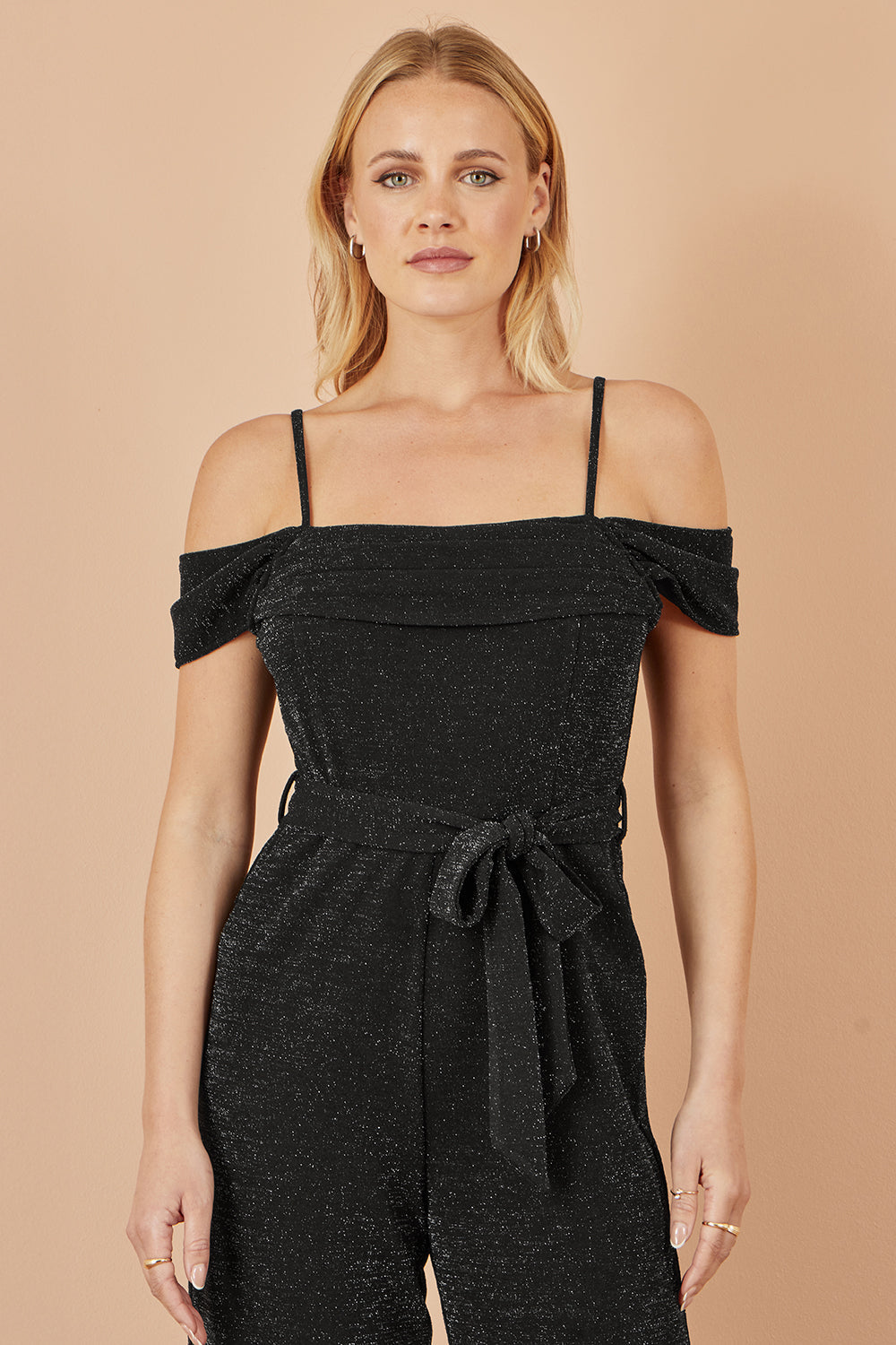Yumi Black Sparkle Stretch Bardot Jumpsuit - QHA UK