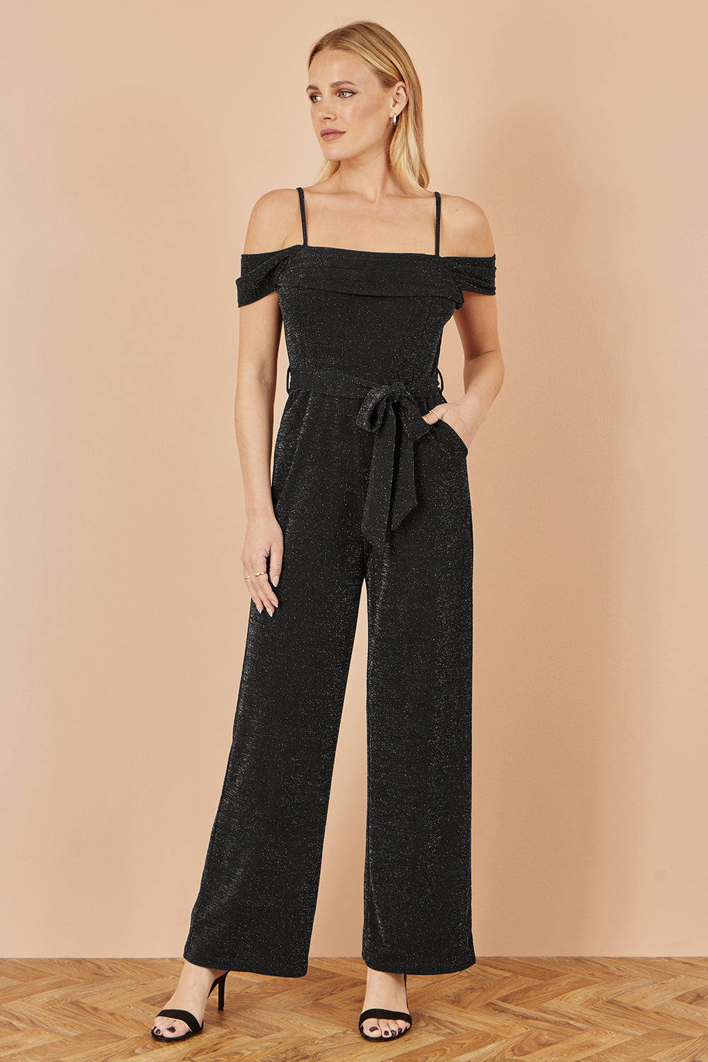 Yumi Black Sparkle Stretch Bardot Jumpsuit - QHA UK