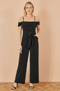 Yumi Black Sparkle Stretch Bardot Jumpsuit - QHA UK