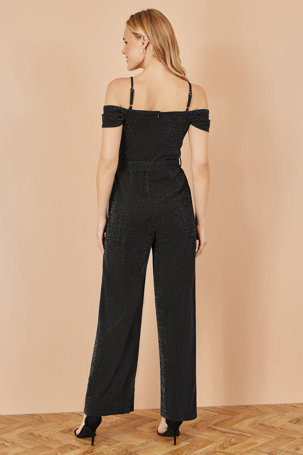 Yumi Black Sparkle Stretch Bardot Jumpsuit - QHA UK
