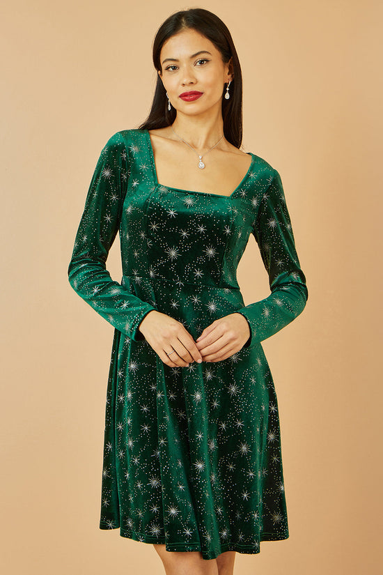 Yumi Green Starburst Foil Print Long Sleeve Skater Dress - QHA UK