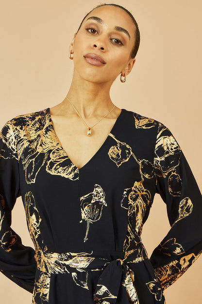 Yumi Black Foil Rose Print Midi Dress - QHA UK