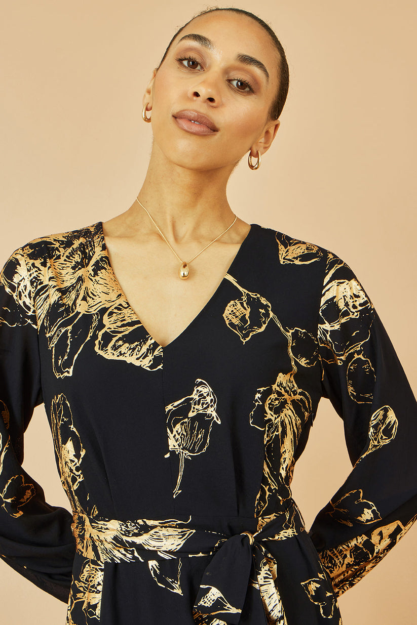 Yumi Black Foil Rose Print Midi Dress - QHA UK