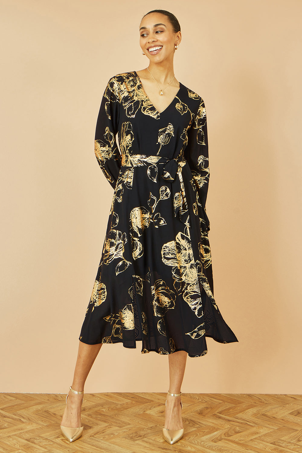 Yumi Black Foil Rose Print Midi Dress - QHA UK