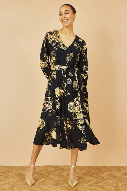 Yumi Black Foil Rose Print Midi Dress - QHA UK