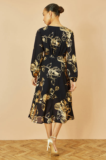 Yumi Black Foil Rose Print Midi Dress - QHA UK