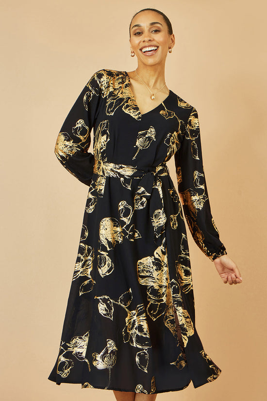 Yumi Black Foil Rose Print Midi Dress - QHA UK