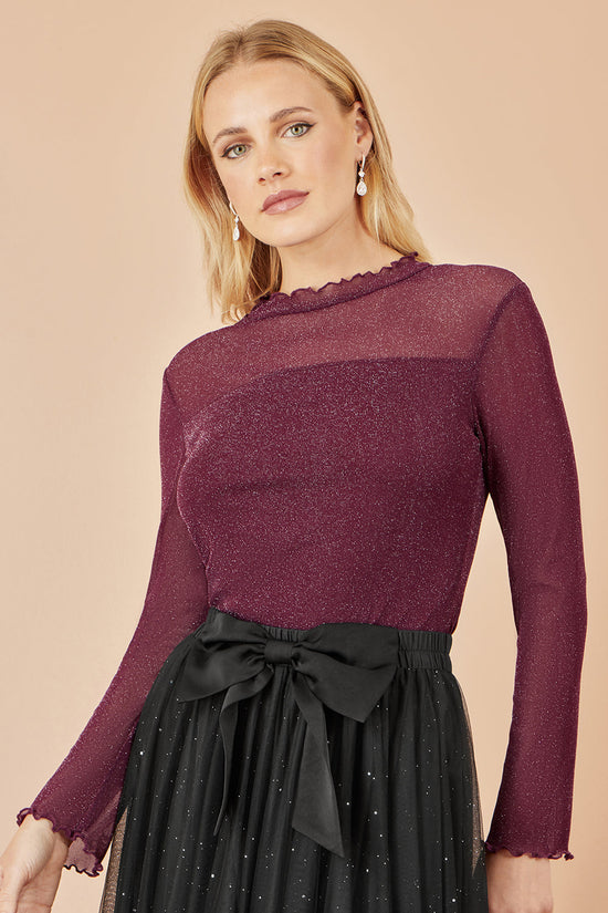 Yumi Burgundy Shimmer Print Mesh Stretch Fitted Top - QHA UK