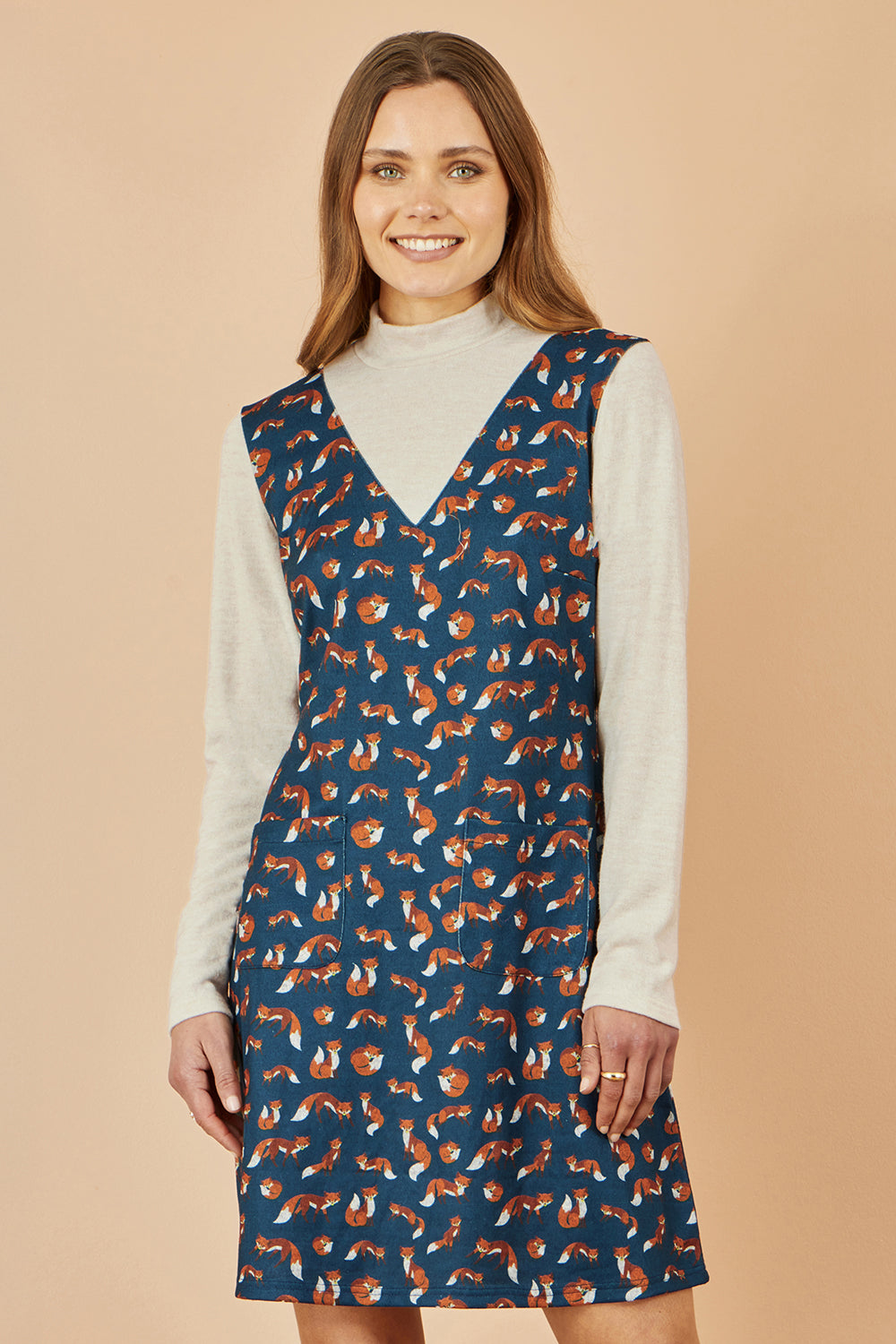 Yumi Navy Fox Long Sleeve Layered Tunic Dress With Front Pocket - QHA UK