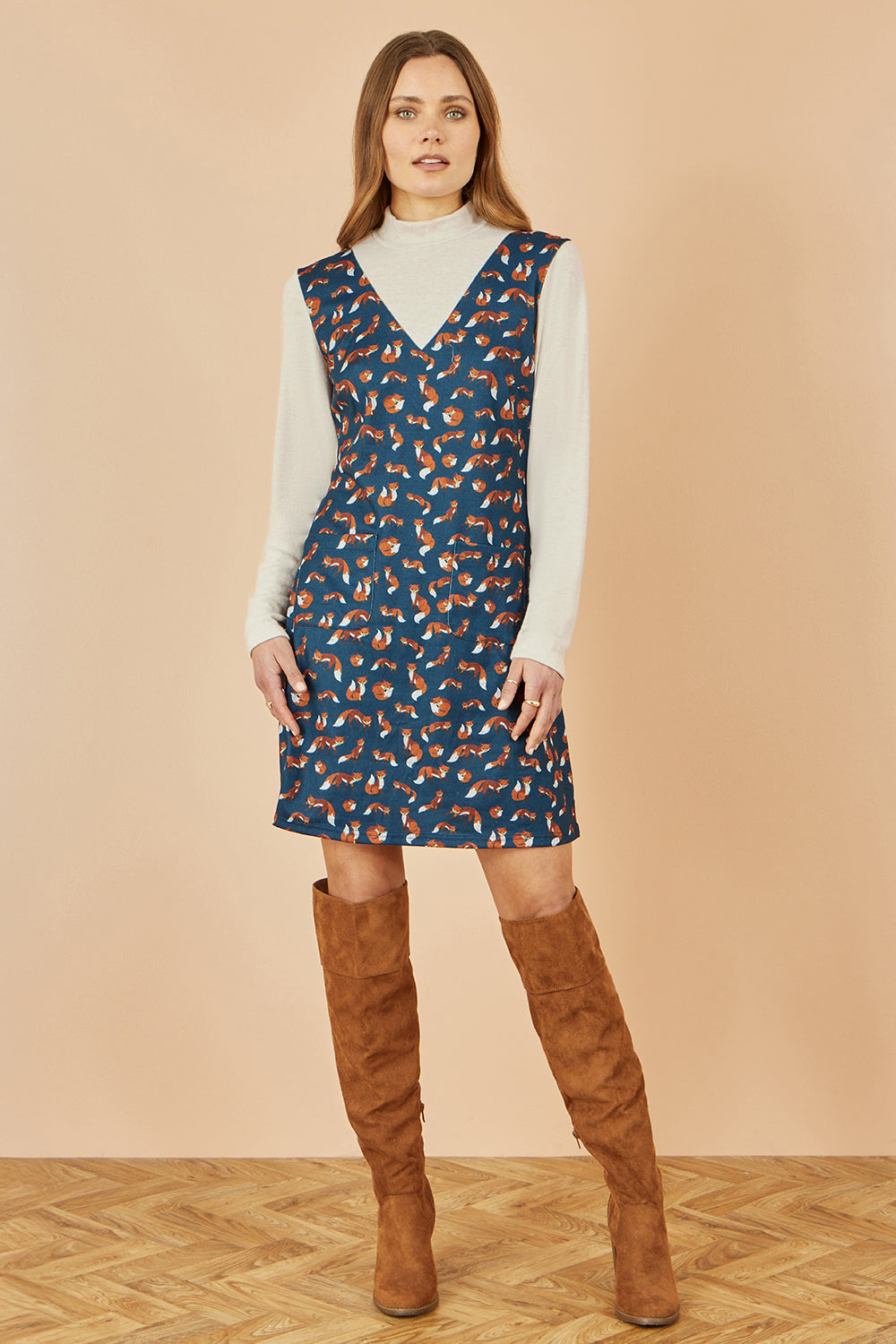 Yumi Navy Fox Long Sleeve Layered Tunic Dress With Front Pocket - QHA UK