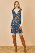 Yumi Navy Fox Long Sleeve Layered Tunic Dress With Front Pocket - QHA UK