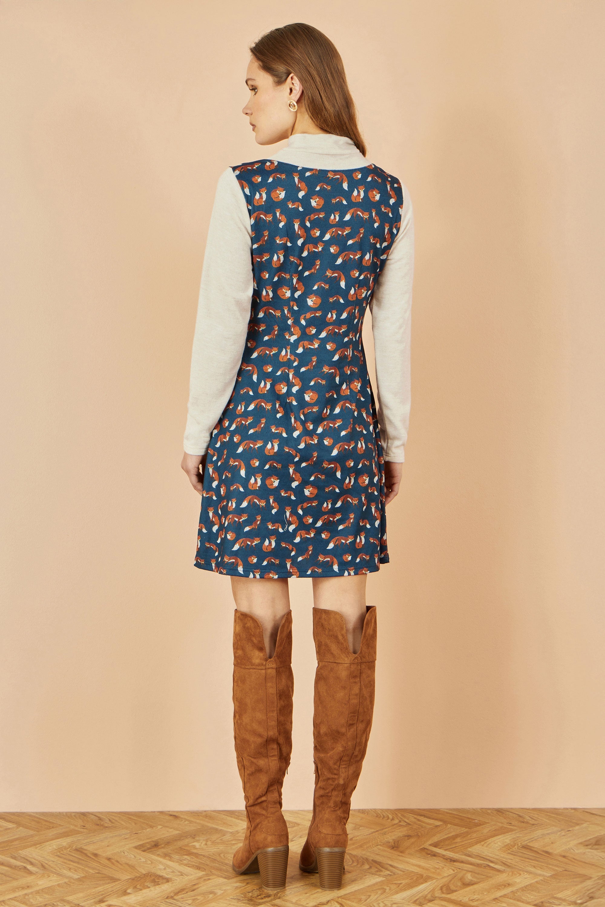 Yumi Navy Fox Long Sleeve Layered Tunic Dress With Front Pocket