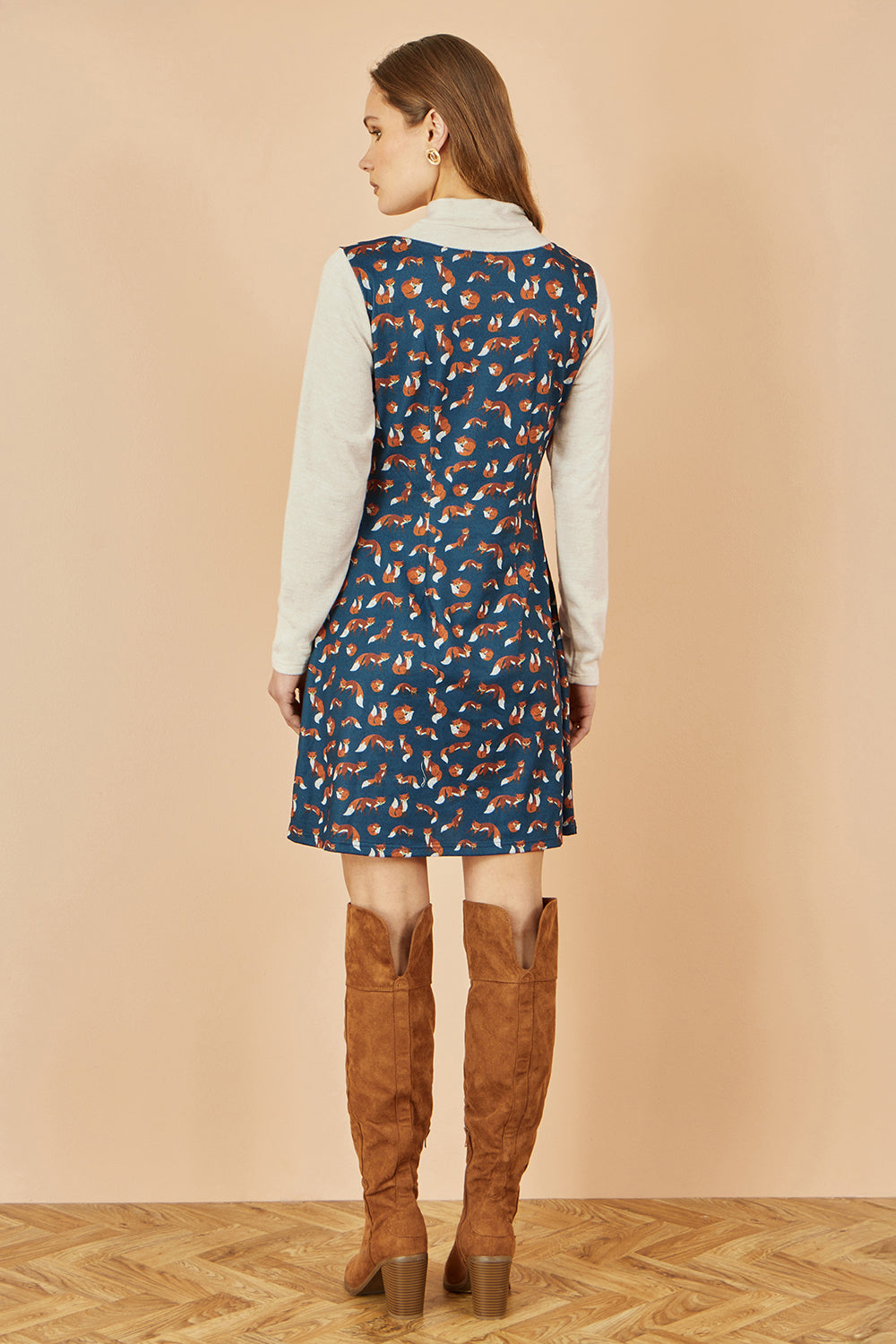 Yumi Navy Fox Long Sleeve Layered Tunic Dress With Front Pocket - QHA UK
