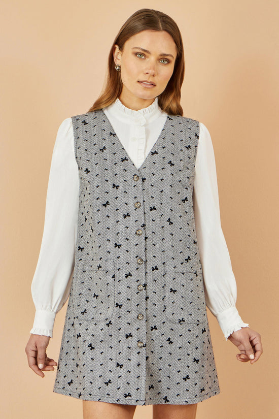 Yumi Grey Bow Print Pinafore Dress With Button Up - QHA UK