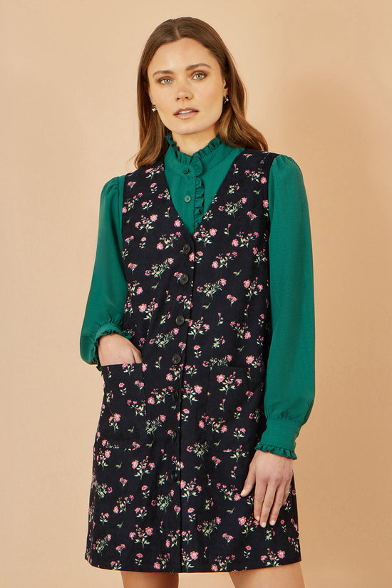 Yumi Black Floral Print Pinafore Dress With Button Up - QHA UK
