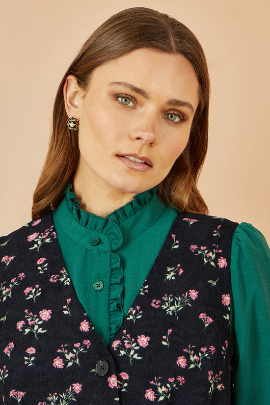 Yumi Black Floral Print Pinafore Dress With Button Up - QHA UK