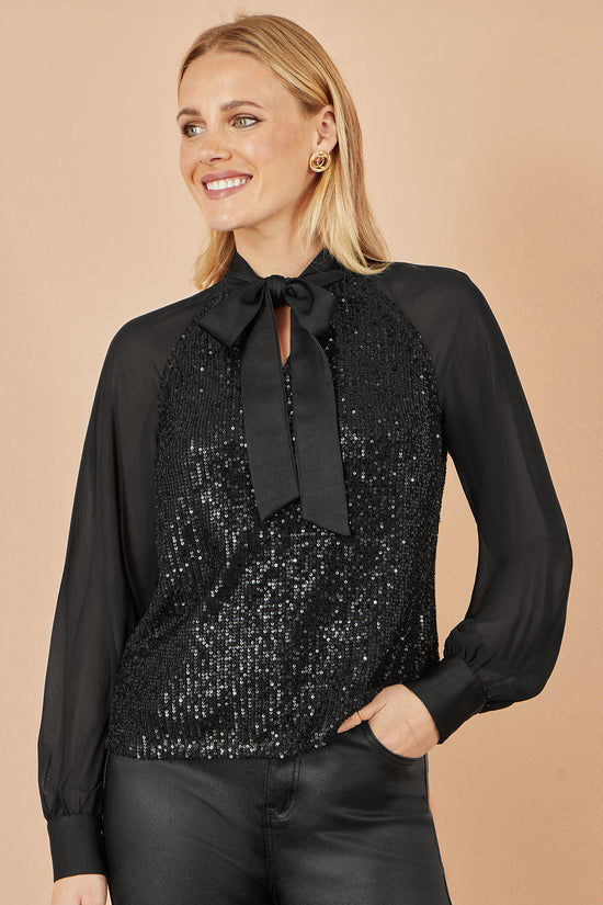 Yumi Black Sequin Pussy Bow Top - QHA UK