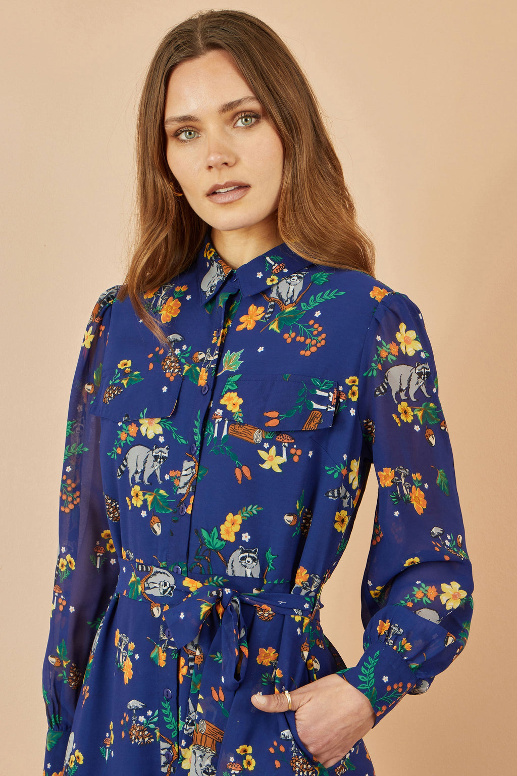 Yumi Recycled Navy Raccoon Print Shirt Midi Dress
