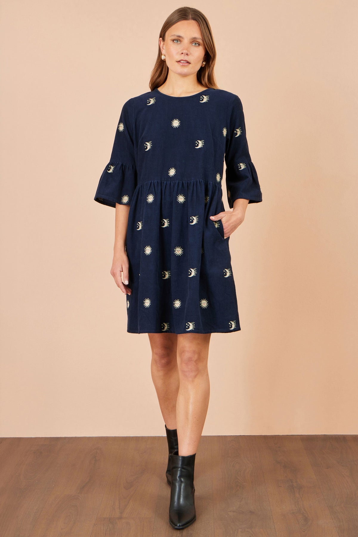 Yumi Women's Navy Cotton Cord Smock Tunic with Sun and Moon Embroidery