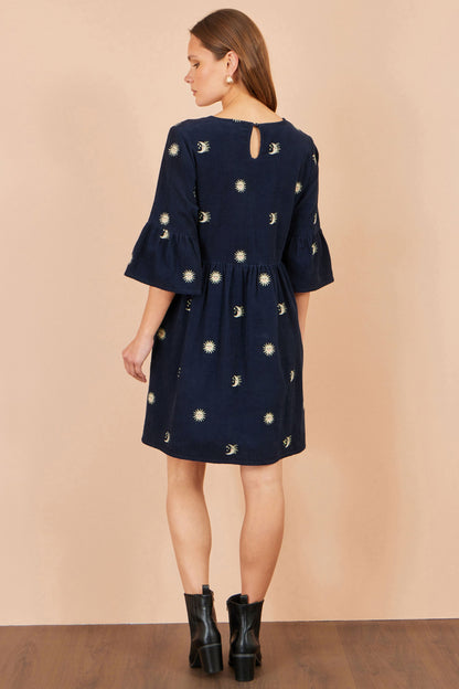 Yumi Women's Navy Cotton Cord Smock Tunic with Sun and Moon Embroidery