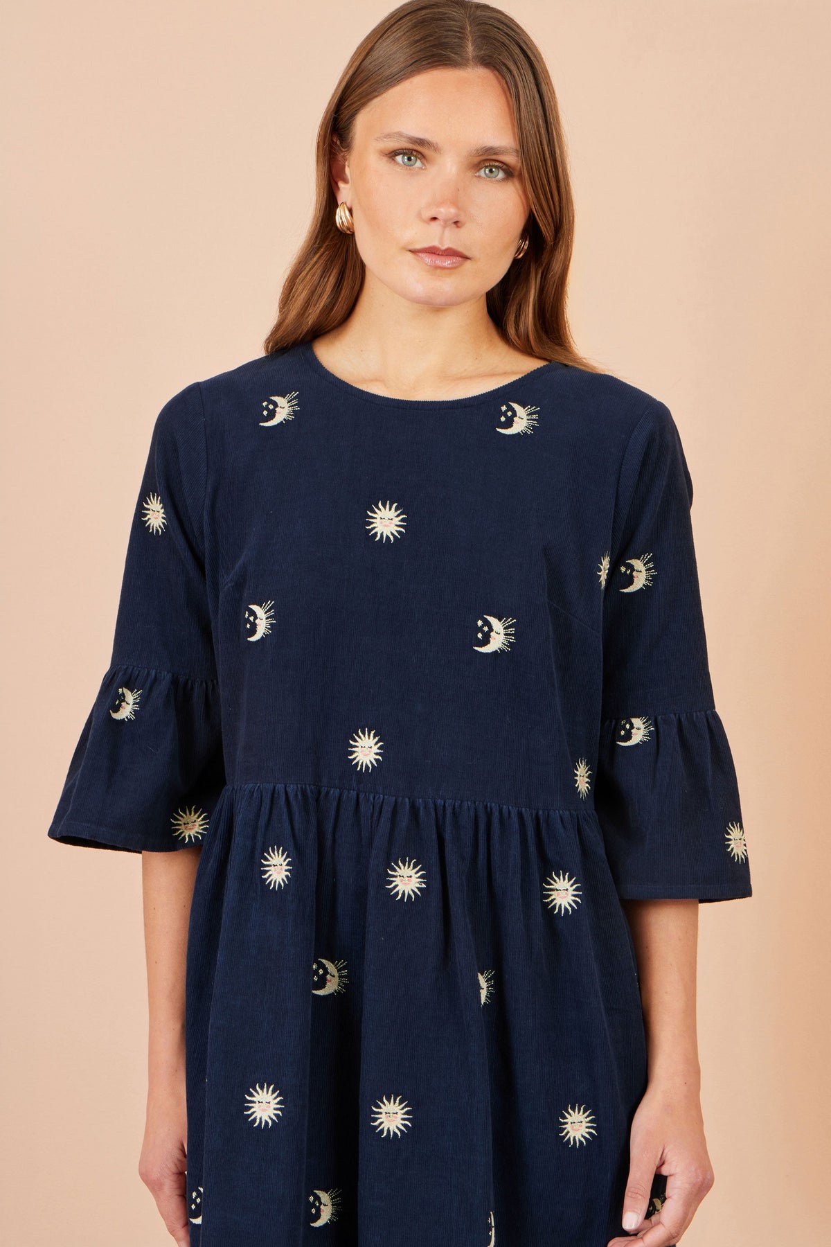 Yumi Women's Navy Cotton Cord Smock Tunic with Sun and Moon Embroidery