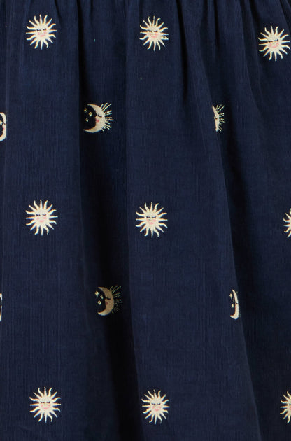 Yumi Women's Navy Cotton Cord Smock Tunic with Sun and Moon Embroidery