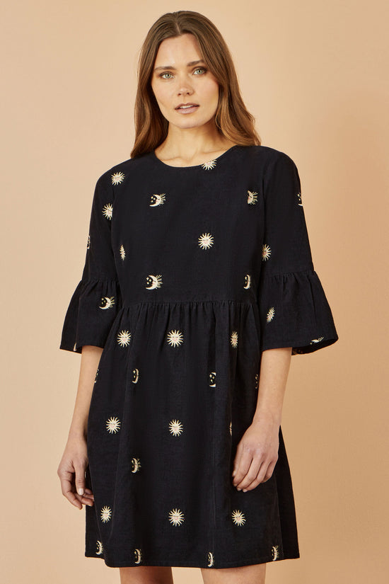 Yumi Black Cosmic Embroidery Cord Tunic Dress - QHA UK