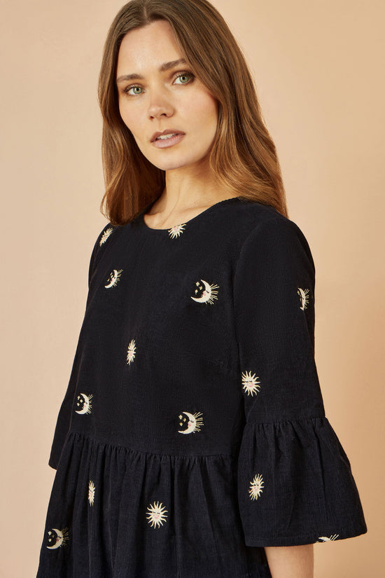 Yumi Black Cosmic Embroidery Cord Tunic Dress - QHA UK