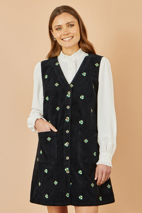 Yumi Black Flower Embroidered Button Up Pinafore Dress - QHA UK