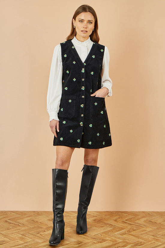 Yumi Black Flower Embroidered Button Up Pinafore Dress - QHA UK