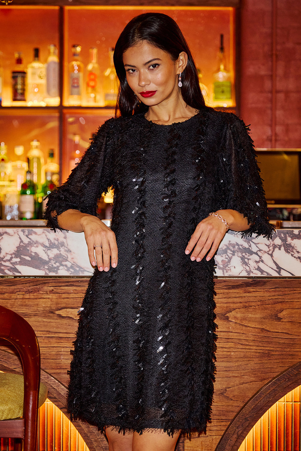 Yumi Black Hanging Sequin Tunic With Balloon Sleeves - QHA UK