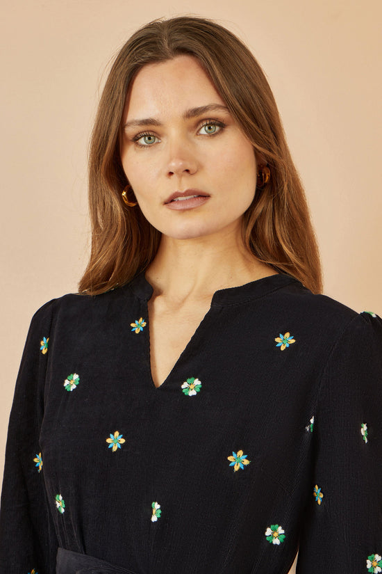 Yumi Black Flower Embroidery Midi Cord Dress - QHA UK