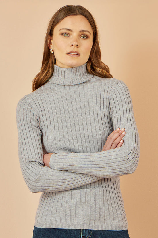 Yumi Grey Ribbed Knit Roll Neck Jumper - QHA UK