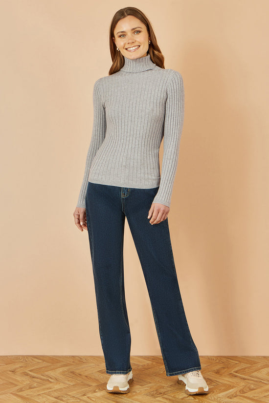 Yumi Grey Ribbed Knit Roll Neck Jumper - QHA UK