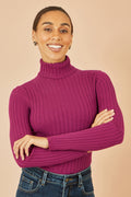 Yumi Plum Ribbed Knit Roll Neck Jumper - QHA UK