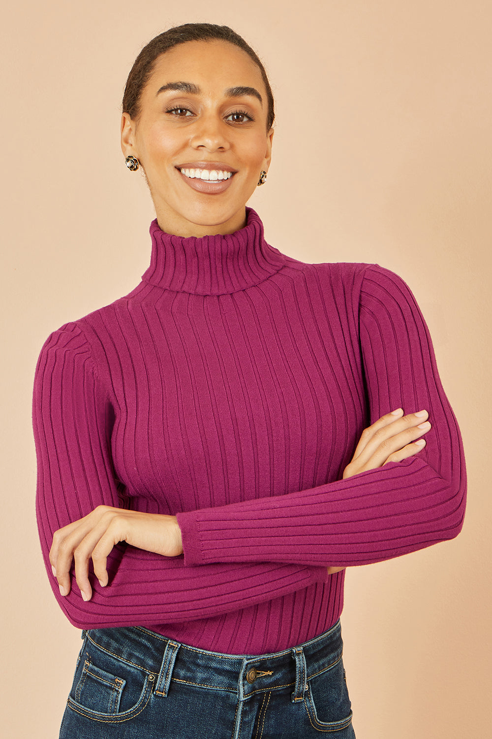 Yumi Plum Ribbed Knit Roll Neck Jumper - QHA UK