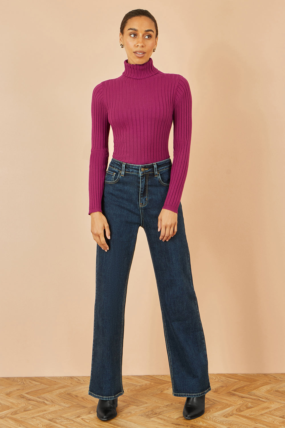 Yumi Plum Ribbed Knit Roll Neck Jumper - QHA UK