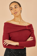 Yumi Burgundy Sparkle Bardot Jumper With Diamante Detail - QHA UK
