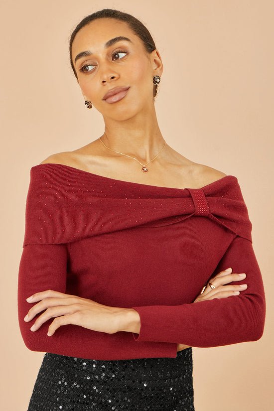 Yumi Burgundy Sparkle Bardot Jumper With Diamante Detail - QHA UK