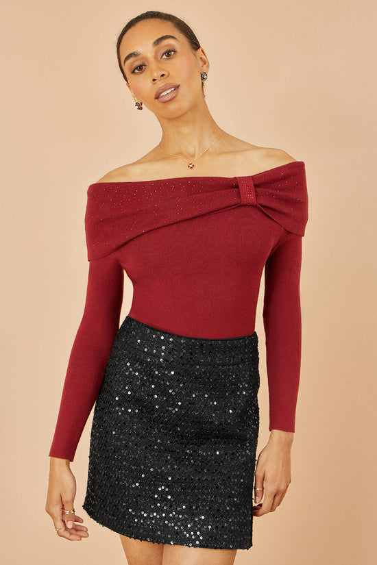 Yumi Burgundy Sparkle Bardot Jumper With Diamante Detail - QHA UK