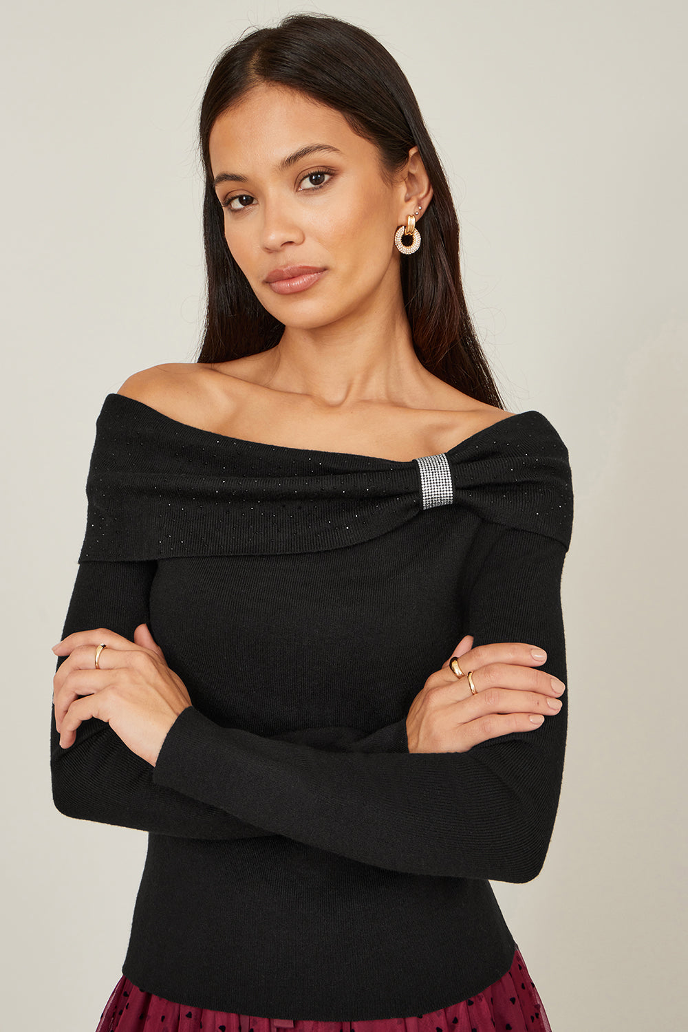 Yumi Black Sparkle Bardot Jumper With Diamante Detail - QHA UK
