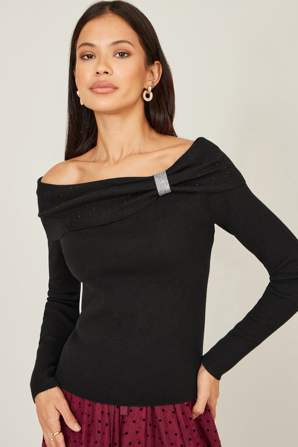 Yumi Black Sparkle Bardot Jumper With Diamante Detail - QHA UK