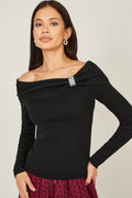Yumi Black Sparkle Bardot Jumper With Diamante Detail - QHA UK