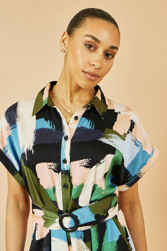Yumi Blue Brushstroke Print Relaxed Midi shirt Dress - QHA UK